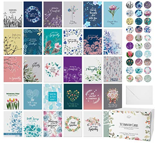 Dessie 30 Unique Sympathy Cards With Greetings Inside. 30 Different, Large Greeting Cards With Envelopes and Matching Sealing Stickers. Includes Sturdy Storage Box.