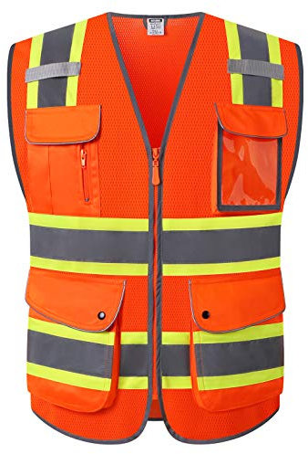 HATAUNKI Sicherheitswesten mit 9 Taschen und Reißverschluss vorne, Retroreflektion, Orange, Größe S