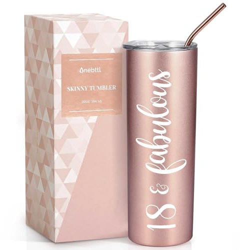 Onebttl 18th Birthday Gifts for Girls, Women, Her - 18 and Fabulous -20oz/590ml Stainless Steel Insulated Tumbler with Straw, Lid, Message Card - (Rose Gold)