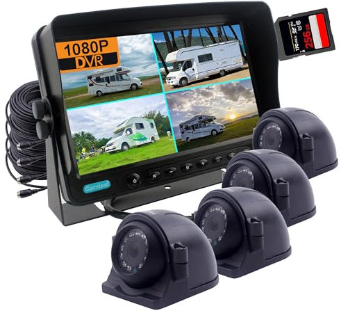 CAMSLEAD Monitor Digital de 7 Pulgadas 1080P HD Sistema de cámara de visión Trasera, grabadora DVR, Entrada de 4 Canales, Pantalla Dividida, cámara de visión Lateral Impermeable 4X para Autocaravana