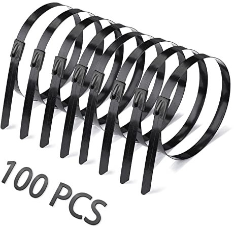 Helunsi 100 Pcs Metal Zip Ties 30cm / 11.8 Stainless Steel Cable Ties, Heavy Duty Self Locking Multi-Purpose, Suitable for Fixed Indoor Outdoor Exhaust Wrap Farms Pipes Cables and Fence - All Black