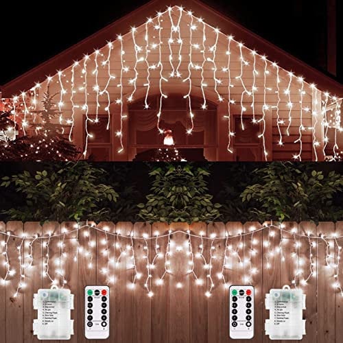 [2 Pack] Christmas Icicle Lights Battery Operated Outdoor LED Icicle Fairy Lights 2.4m 102 LED 18 Drops Clear Wire Remote 8 Modes Icicle String Lights for Garden Yard Xmas Patio Wedding (Cool White)
