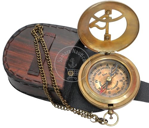 Samara Nautical Sonnenuhr-Kompass aus Messing mit Ledergehäuse und Kette – Push-Open-Kompass – Steampunk-Zubehör – Antik-Finish – schönes handgefertigtes Geschenk – Sonnenuhr 01