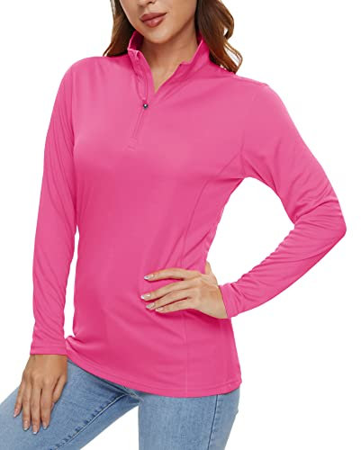 KEFITEVD Chemise à Manches Longues pour Femme Printemps Léger Course à Pied Yoga Gym Tops 1/4 Zip Sport Shirt Rose Rouge, S
