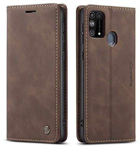 Ququcheng123 Lederhülle kompatibel mit Samsung Galaxy M31 Hülle,Flip Case Schutzhülle Klapphülle Handyhülle mit Standfunktion-Kaffee