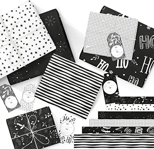 Papierdrachen 6 Bögen Weihnachts Geschenkpapier 60x40cm bedruckt - 6 verschiedene Designs hochwertig auf 100g/m² Papier und 12 Geschenkanhänger (5x10cm) - Motiv Schwarz-Weiß Set 9
