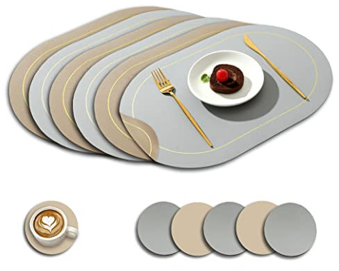 Paiouda 6er Platzset mit Untersetzer Oval Hitzebeständig Zweiseitig Tischset aus Kunstleder abwaschbar Platzdeckchen Wasserdicht Platzset für Küche Tischdeko, Hellgrau+Beige, 45x30cm