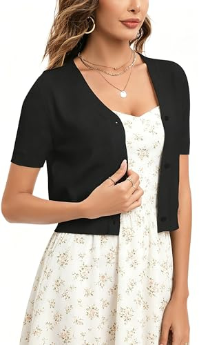 Bolero Mujer Cardigan Corto Chaqueta de Punto Básico de Manga Corta con Botones Rebecas Cuello en V Abrigo
