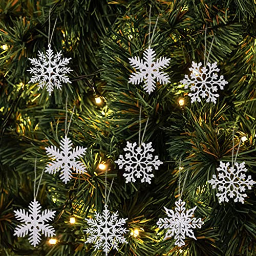 24 Stück Weihnachten Chneeflocken, Weihnachtsbaumanhänger, Schneeflockendeko mit 24 Seil, Schneeflocken Zum Aufhängen für Weihnachtsbaum Glitzer Weihnachtsbaumschmuck für Weihnachtsfeiern (Silber)