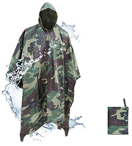 JIGOOPLEY Regenponcho Herren Wasserdicht, 4in1 Poncho Regen Regencape Herren Angeln Survival Ausrüstung Bushcraft Camouflage Jagd Zubehör, Wandern Regenjacke Atmungsaktiv