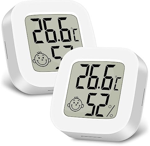 Ainiv Mini LCD Thermometer, 2 Stück Digital Thermometer Innen, Hygrometer Innen, Thermometer Hygrometer, Kabelloses, Luftfeuchtigkeit Meter für Babyzimmer Wohnzimmer Büro Gewächshaus(Weiß)