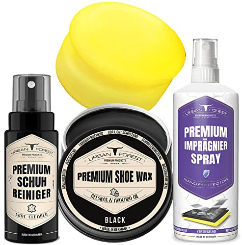 SPARSET Schuhputzset Schuhcreme Schuhwachs Schwarz mit Bienenwachs & Avocado-Öl + Imprägnierspray zur Imprägnierung + Schuh Reiniger + Schwamm zur Lederpflege für Schuhe, Schuhpflege URBAN Forest