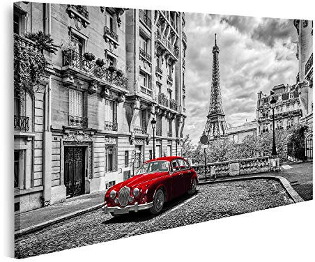 islandburner Bild auf Leinwand Artistic Paris Frankreich Eiffelturm Gesehen Straße Rot Retro Limousine Auto Schwarz Weiß Einzigarti Wandbild Leinwandbild Bilder für Wohnzimmer GDSV-1P