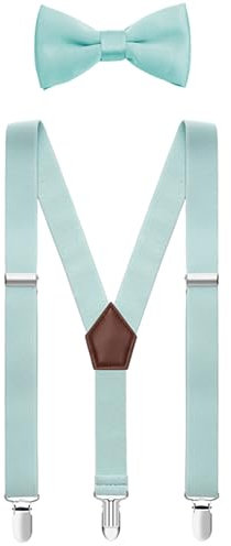 SUNNYTREE Hosenträger und Fliege Set für Jungen und Herren, verstellbar, elastisch, Y-Rücken, 1 - Mintgrün, 39 Inches (8 - 15 yrs)
