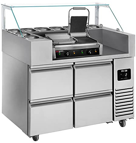 GGM Gastro | ZBF127DN#KGKB300#2SBF | Zubereitungstisch - 1210mm - 4 Schubladen - für 9x GN 1/6 - inkl. Kontaktgrill