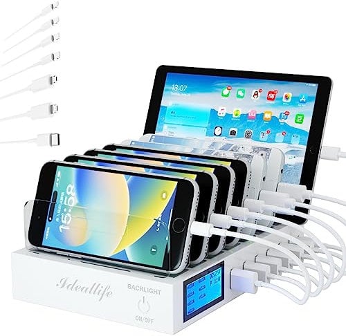 Ladestation für mehrere Geräte für 7 Anschlüsse, schnelles USB-Ladegerät mit Typ C PD20W QC3.0, 70W Desktop-Dockingstation, kompatibel mit iPhone iPad Smartphones mit 7 kurzen Kabeln
