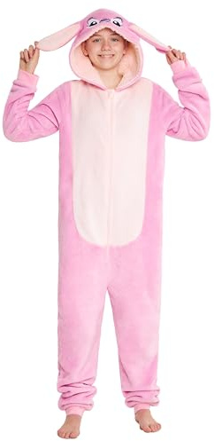 Disney Stitch Onesie for Kids Fleece Pyjamas Lounge Wear Eeyore Minnie Mouse Stitch Gifts (7-8 Years, Pink Angel)