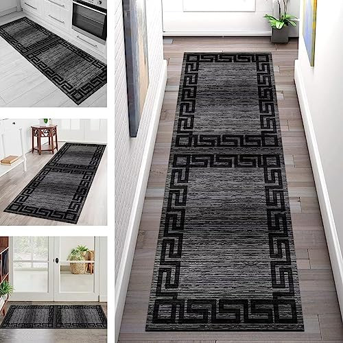 Teppich Läufer Flur Küche rutschfest waschbar Teppichläufer Lang 90X500CM Dunkelgrau Schwarz Küchenläufer Meterware Korridor Tepiche Kücheteppich Schlafzimmer Wohnzimmer Flurmatten Breit 40-120cm