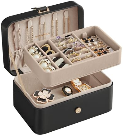 SONGMICS Jewelry Organizer Box, Travel Jewelry Case, 2-Layer Travel Case for Earrings, Necklaces, Bracelets - Portable Jewelry Storage with Large Capacity, Gift Idea, Ink Black UJBC166B01