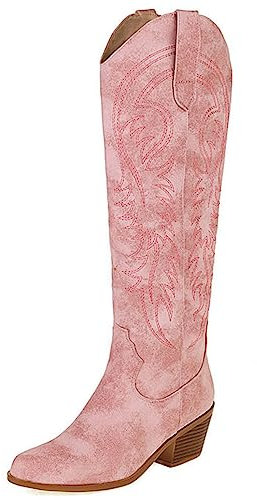 CRETUAO Stivali Alti al Ginocchio Western Ricamati Donna,Punta A Punta alla Moda con Tacco Grosso Stivali A Gamba Lunga,Stivali Cowgirl con Tacco Medio Farfalla Classica retrò,Rosa,39 EU