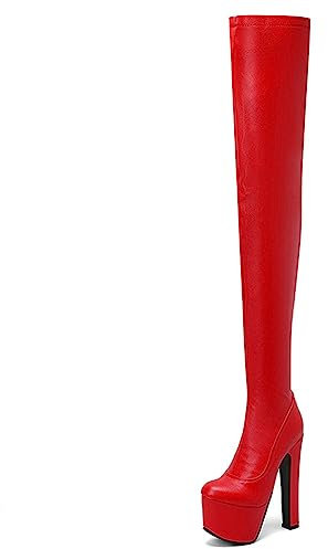 Omeslike Stivali Alti da Donna, Stivali sopra Il Ginocchio con Plateau, Stivali Alti alla Coscia con Tacco Alto, Stivali da Combattimento da Moto Autunno Inverno,Rosso,45