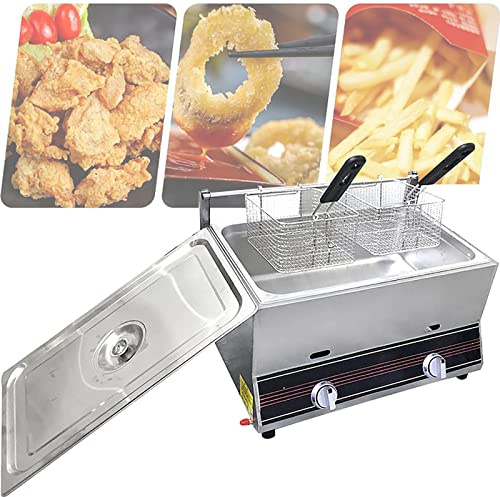 CGLYYDS Friteuse Commerciale, friteuse à gaz de Grande capacité 20L avec paniers, friteuse à gaz GPL de comptoir en Acier Inoxydable, pour Frites, Restaurant, Cuisine à Domicile,B