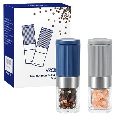 Vzaahu Mini Salt and Pepper Grinders 2 Set with Ceramic Core Cinnamon,Adjustable Coarseness,Color Grey and Blue,Portable,Refillable Spice Mills