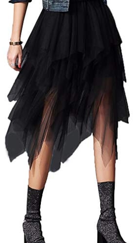 Edhomenn Damen Y2k Tüllrock Unregelmäßige Falten Elastische Hohe Taille Geschichtet Tutu Rock Mesh A-Linie Midi Rock Streetwear, 01 black, Einheitsgröße