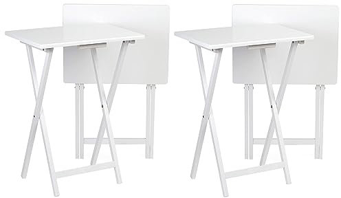 PJ Wood Conventional Solid and Sturdy Wood Construction Portable Folding TV Snack Tray Table Desk Serving Stand, White (4-Piece Set)