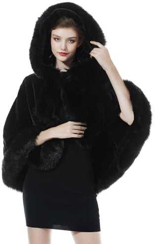 BEAUTELICATE Damen Kunstpelz Braut Umhang mit Kapuze Winter Braut Poncho Cape Kurz Warm Kunstpelz Stola Brautjacke für Hochzeit Abendkleid Elfenbein Schwarz