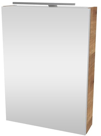 FACKELMANN Milano Spiegelschrank mit LED-Beleuchtung – Alibertschrank für Bad und Gäste-WC (50 x 68 x 15,3 cm) – SBC Badschrank mit Spiegel in Holz Braun – Tür rechts