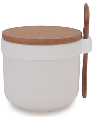 Chase Chic Azucarero con Tapa y Cuchara, Tarro de Cerámica para Almacenar Especias con Tapa y Cuchara de Madera para Cocina, 250ml Azucarero Blanco