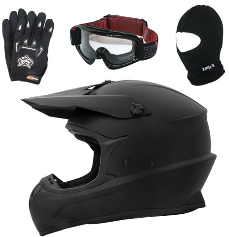 Zorax Matt Black XS (53-54cm) ZOR-X305 Motocross HELMET & Gloves S(8cm) & Goggles & Balaclava - MX Quad ATV Sports Enduro Crash Dirt Bike Helmet ECE 22.06 Certified