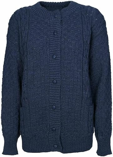 Women Chunky Cable Knit Cardigan with 2 Pockets, Ladies Long Sleeve Winter Soft Warm Aran Cable Crew Neck Casual Lightweight Front Button Up Sweater Top Jumper UK 8-22, Navy-16-18