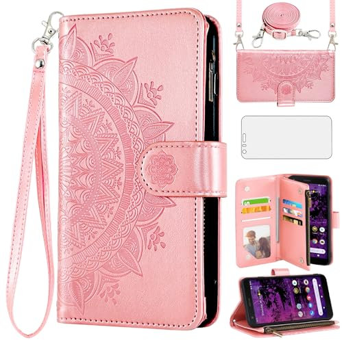 Asuwish Handyhülle für Cat S62/S62 Pro Hülle mit Band und Folie Schutzfolie Kartenfach Klappbar Leder Blumen Geldbörse Ständer S 62 62S Reißverschluss Handyhüllen Schutzhülle Phone Case Rosegold