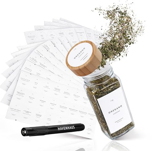 HAVENHAUS Gewürzetiketten Set weiß | 336 deutsche Gewürzetiketten selbstklebend fett- & wasserabweisend | Gewürzaufkleber modern inkl. 56x blank für individuelle Beschriftung | Gewürzgläser Etiketten