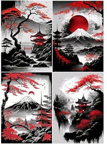 SHEGZHUC 30x40cm 4 Pack Diamond Painting Berge Landschaft Seen Rote Landschaft Mond Brücke Dachboden Diamond Painting Japan Landschaft Abstrakt Diamant Malerei Stickerei Wanddekoration Berg Fuji