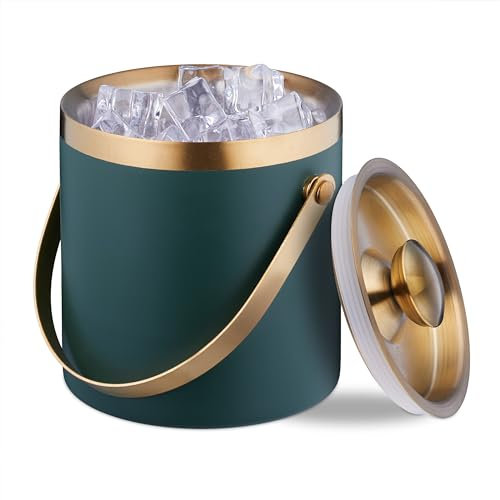 Relaxdays Cubitera Acero Inoxidable, Tapa, Doble Pared, Cubo Hielo con Asa, 1,5 l, Cubeta Botellas, Verde/Dorado