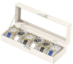 Adugay Uhrenvitrine für Herren, Leder-Uhren-Organizer-Box, Uhrensammlung, Aufbewahrungshalter für Damen, Uhren-Reise-Organizer (6 Positionen, beigefarbenes Samt-Uhrengehäuse)