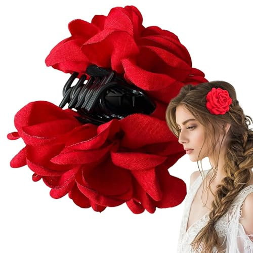 2 Clips De Pelo Con Rosas - 11cm Pinza De Pelo Rosa Roja, Pinza Pelo Flor Tela,Pinzas Para El Pelo Con Flor De Rosa, Pinza Pelo Flor Roja, Pinzas Antideslizantes Para Mujer Regalos De Niñas