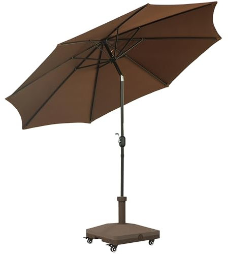 Outsunny Lot de parasol de jardin et pied de parasol - parasol rond manivelle inclinable Ø 3 m - base de lestage carré 4 roulettes en HDPE - chocolat et marron