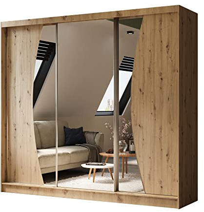 Margaret Hadas24 Kleiderschrank Vex mit Spiegel, Organizer, Mehrzweckschrank, Schwebetürenschrank, Garderobenschrank, Kleiderstange, Kleiderständer, Flurschrank, 3-türig, braun, 240 cm