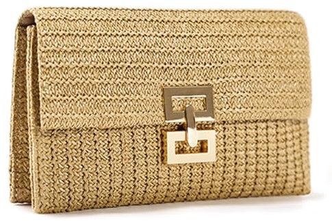 Ktnyl Pochette en Paille, Embrayage Beige, Sac à Main Pochette, Sac de Plage Tressé, Pochette de Soirée, Sac à Main en Paille, Portefeuille en Paille, Pour Femmes Fille Vacances Fête Mariage