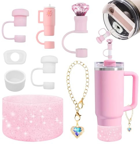 YOYOHAHAHA Stanley Cup Glitzer Zubehör Set, 8 Stück Accessories Enthält 4 Strohhalm Abdeckung, 2 Auslaufschutz, 1 Stanley Cup Anhänger, 1 Silikonhülle für 1,2l und 850 ml Becher（Rosa）