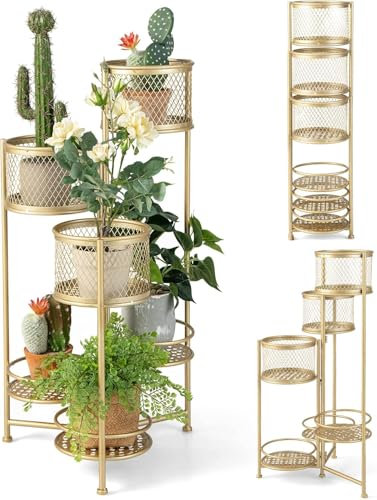 FANTASK Goldener drehbarer Pflanzenständer Metall 6 Etagen, Blumentreppe für Topfpflanzen, Blumentopfhalter in Leiterform, Golden