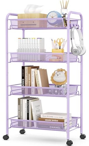 APEXCHASER 4-Tier Rolling Cart,Easy Assemble Mobile Storage Trolley On Wheels,Slide Out Utility Cart Shelving Units Kitchen Bathroom Laundry Room