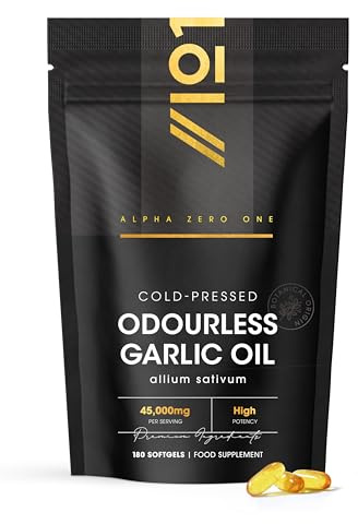 Odourless Garlic Oil Pearls 45,000mg - 180 Softgel Capsules (One per Day) - Cold Pressed & Deodourised Garlic Supplement – Resealable and Recyclable Pouch by Alpha01