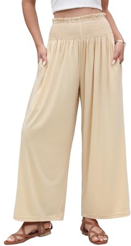 CMTOP Pantalones Mujer Verano Pantalone Pierna Ancha Casuales Pantalones Ligeros con Cintura Alta Elástica Palazzo Pantalone de Playa Holgados de sólido con Bolsillos para Vacaciones