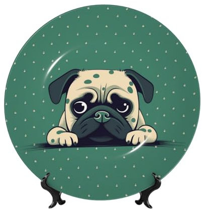 LHCVSFGW Dekorativer Teller aus Knochenporzellan, Mops, grün, gepunktet, Keramik, dekorativer Teller mit Präsentationsständer, runde Speiseteller, 15,2 cm, hängende Keramik-Ornamente, Kunsthandwerk