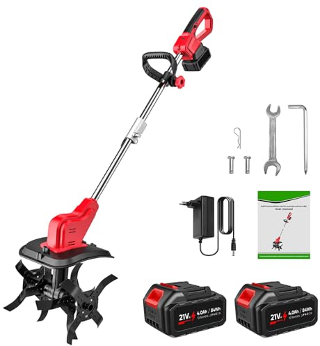 Eznaobo - Motozappa a batteria 21V, motozappa elettrica con batteria da 4000mAh*2 e caricabatterie, display LED, larghezza di lavoro 30 cm, profondità di lavoro 22 cm, asta telescopica, per orto e